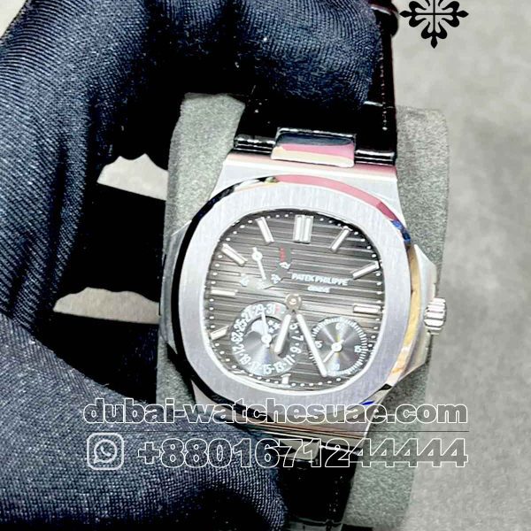 Copy Patek Philippe Nautilus Moon Gray Dial With Black Leather Strap