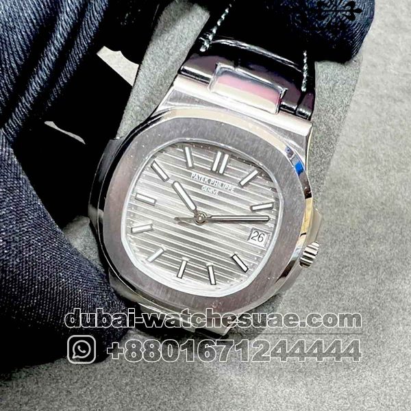 Copy Patek Philippe Nautilus Gray Dial Silver Bezel with Black Leather Strap