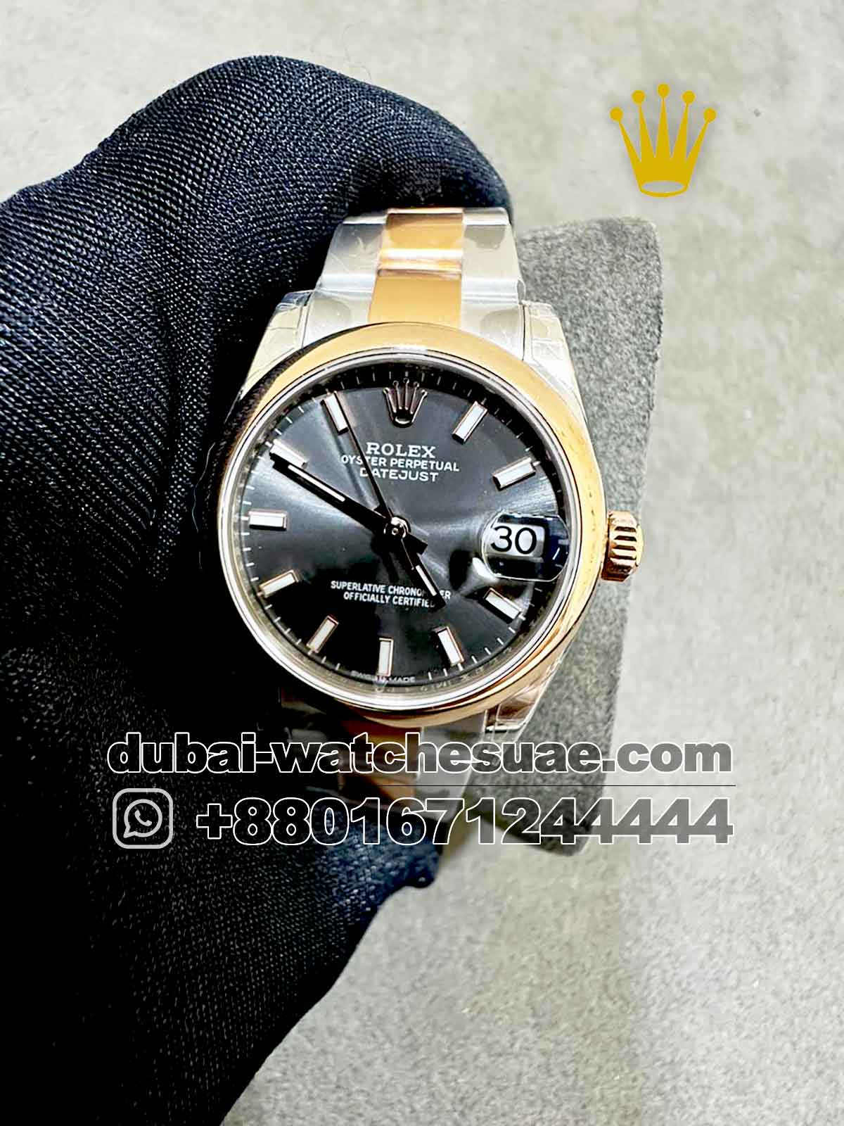 Copy Rolex 31 mm date just Gray Dial Rose Gold Plain Bezel with Two Tone Oyster   Bracelet