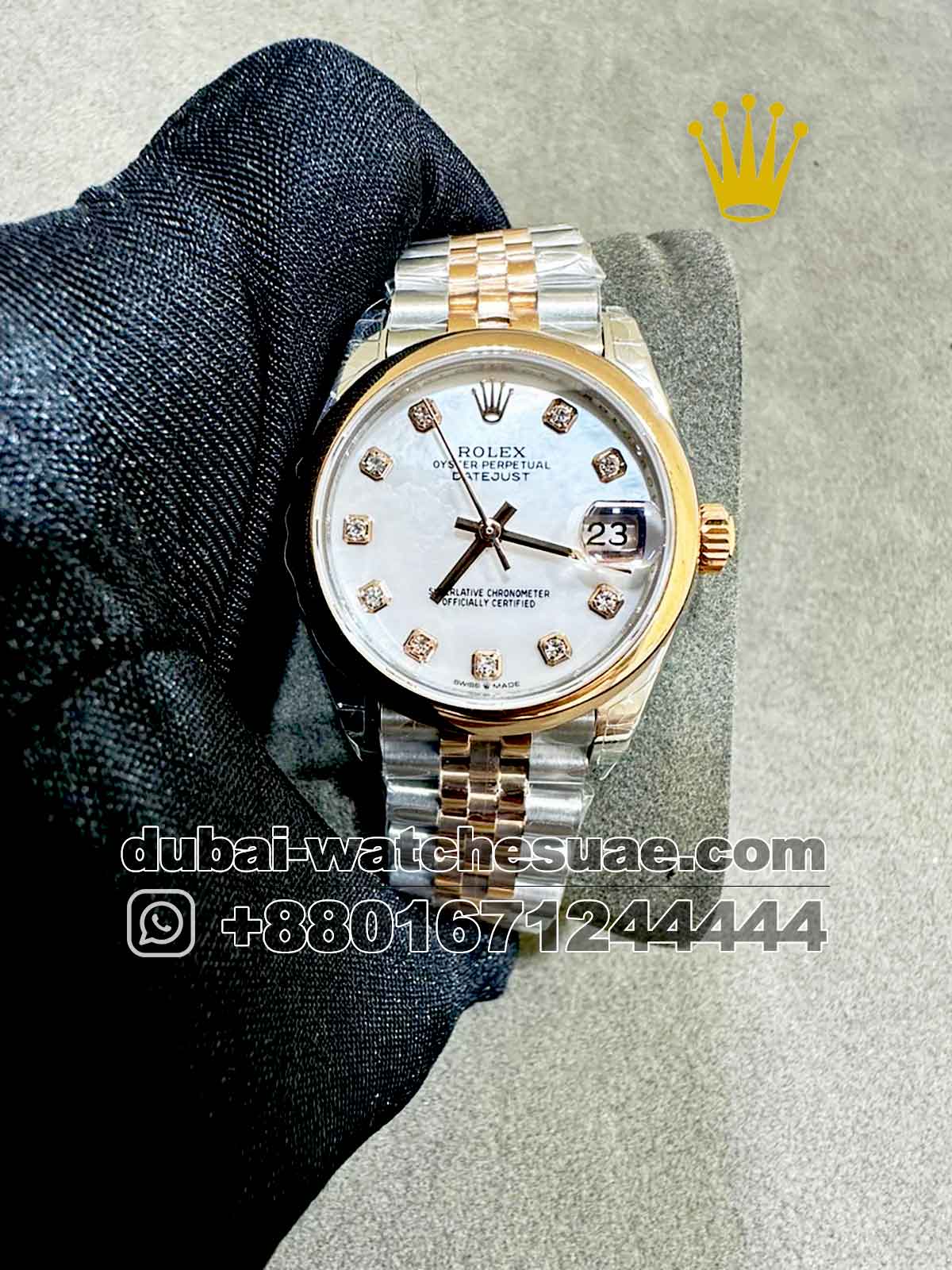 Copy Rolex 31 mm date just White  Dial Stone Numeric ,Plain Rose Gold Bezel with Two Tone Jubilee  Bracelet
