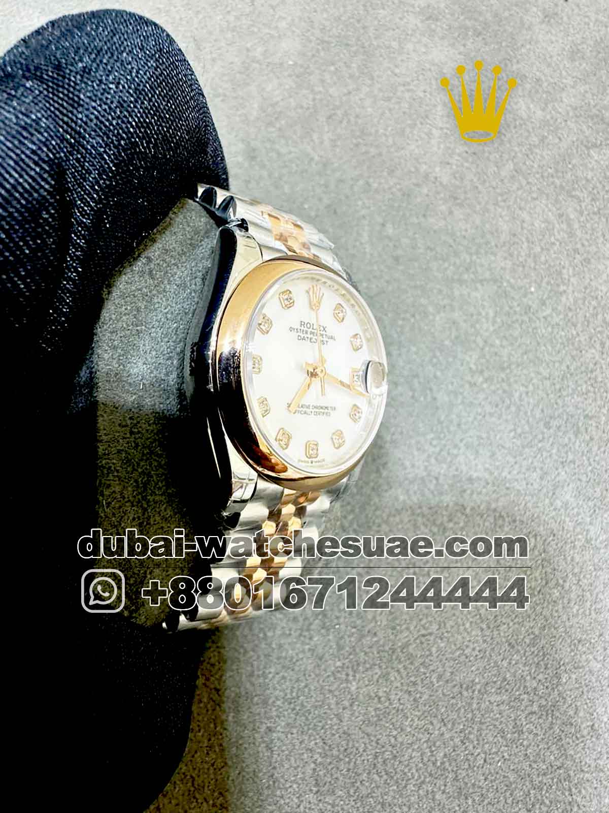 Replica Rolex 31 mm date just White  Dial Stone Numeric ,Plain Rose Gold Bezel with Two Tone Jubilee  Bracelet