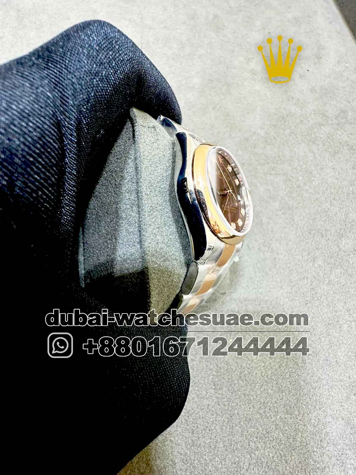 Replica Rolex 31 mm Date Just Chocolate   Dial Stone Numeric Plain  Rose Gold Bezel with Two Tone Oyster Bracelet