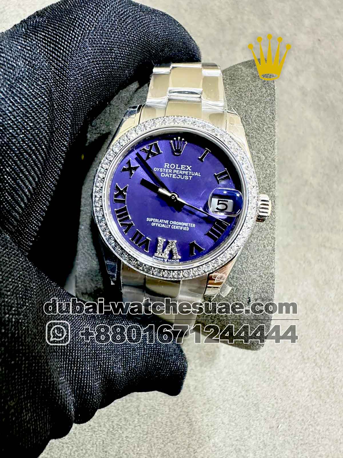 Copy Rolex 31 mm Date Just Violet  Dial Roman Numeric Stoned Bezel with  Oyster  Bracelet