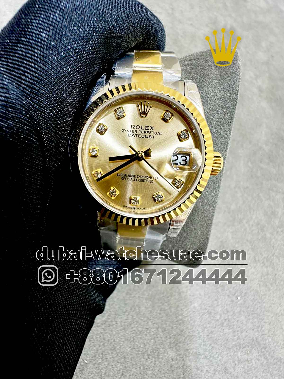 Copy Rolex 31 mm Date Just Gold  Dial Stone Numeric Flutted Gold Bezel with Two Tone Oyster Bracelet
