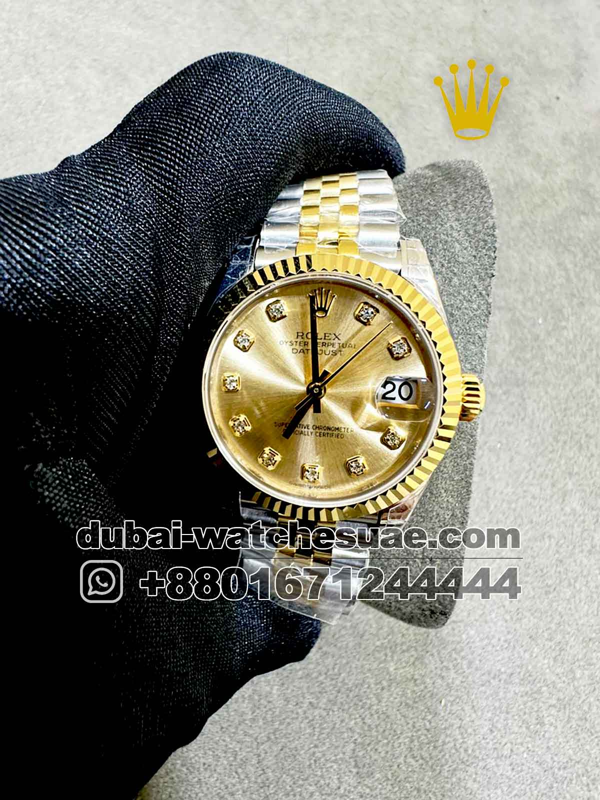 Replica Rolex 31 mm Date Just Gold  Dial Stone Numeric Flutted Gold Bezel with Two Tone Jubilee  Bracelet