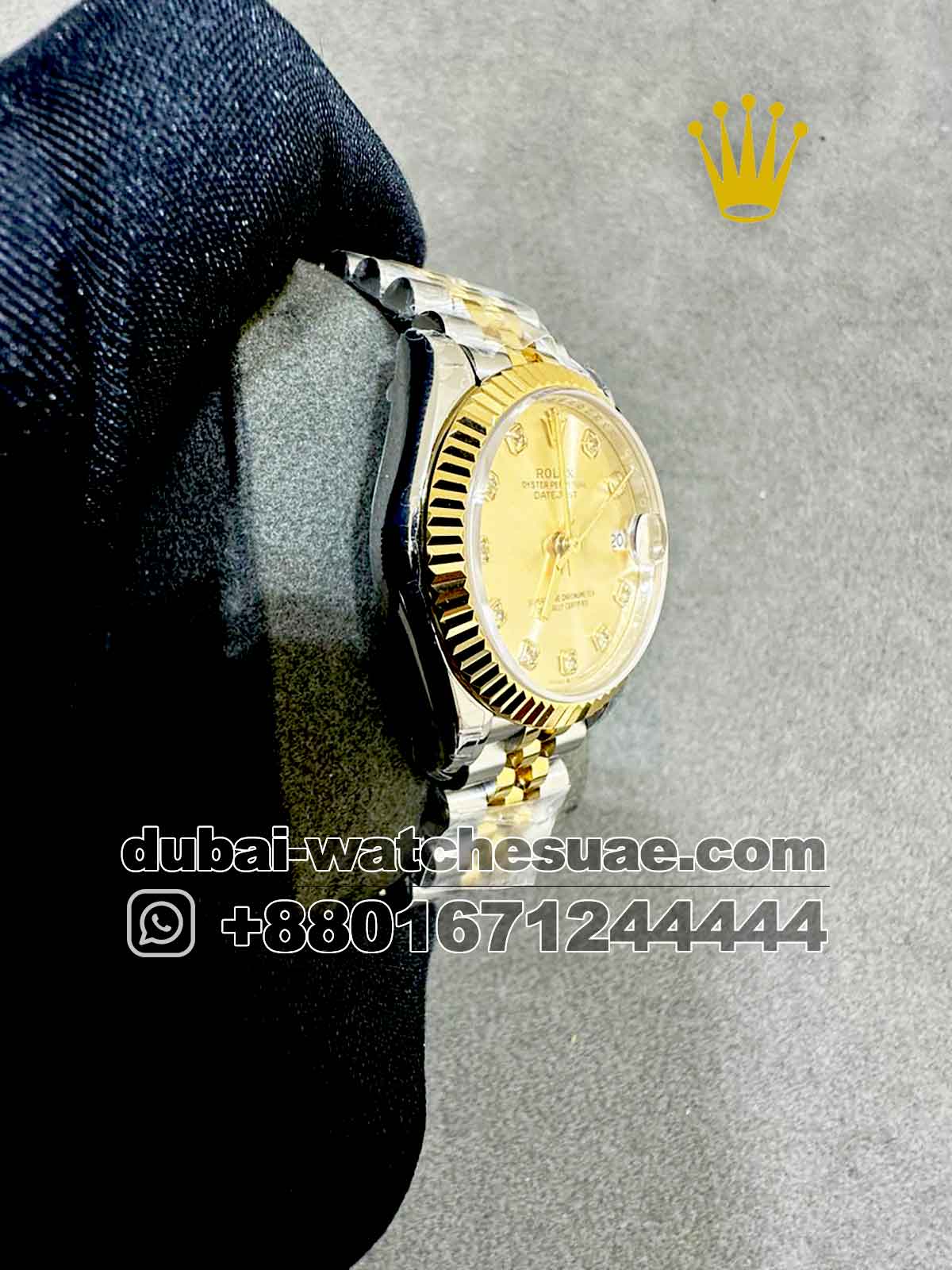 MAster Rolex 31 mm Date Just Gold  Dial Stone Numeric Flutted Gold Bezel with Two Tone Jubilee  Bracelet