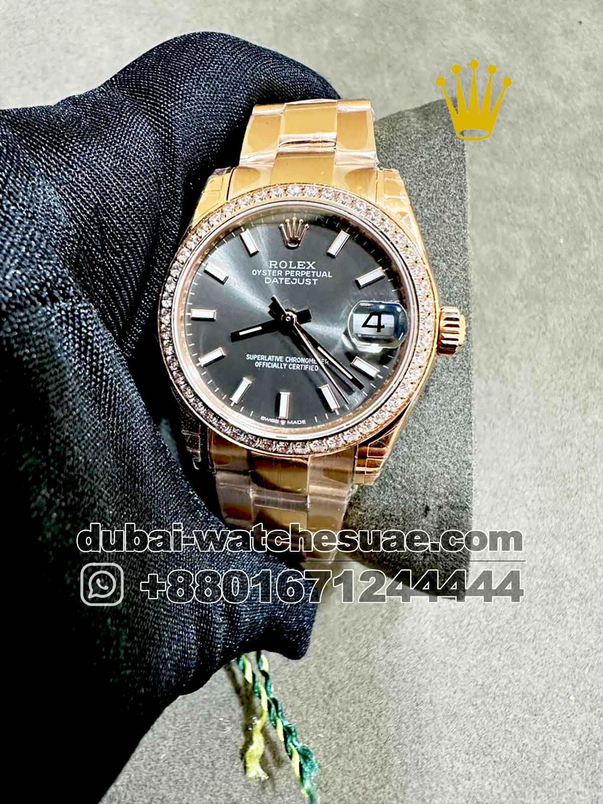CopyRolex 31 mm date just Gray Dial Stoned Bezel with Rose Gold Oyster   Bracelet