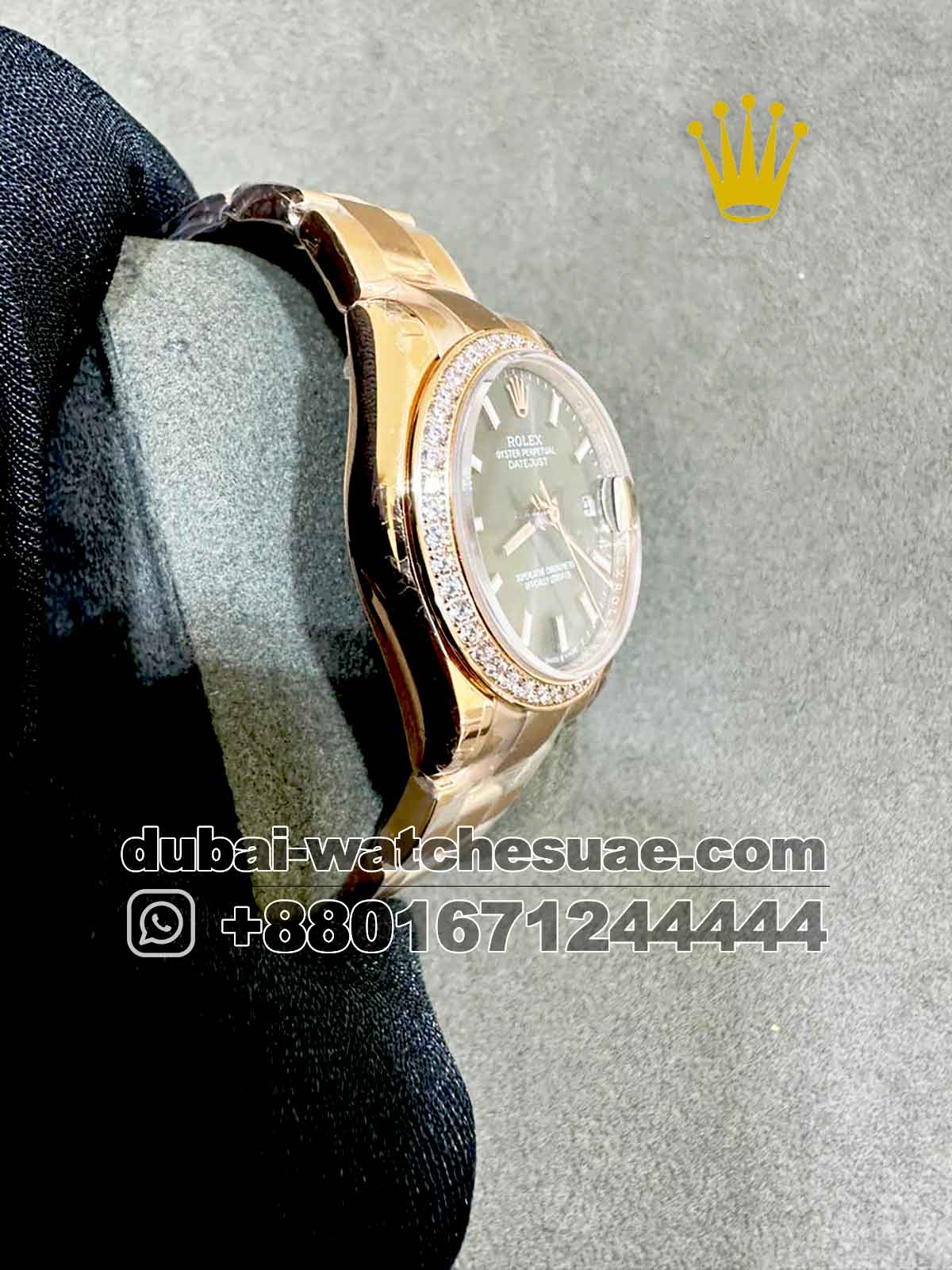 REplica Rolex 31 mm date just Gray Dial Stoned Bezel with Rose Gold Oyster   Bracelet