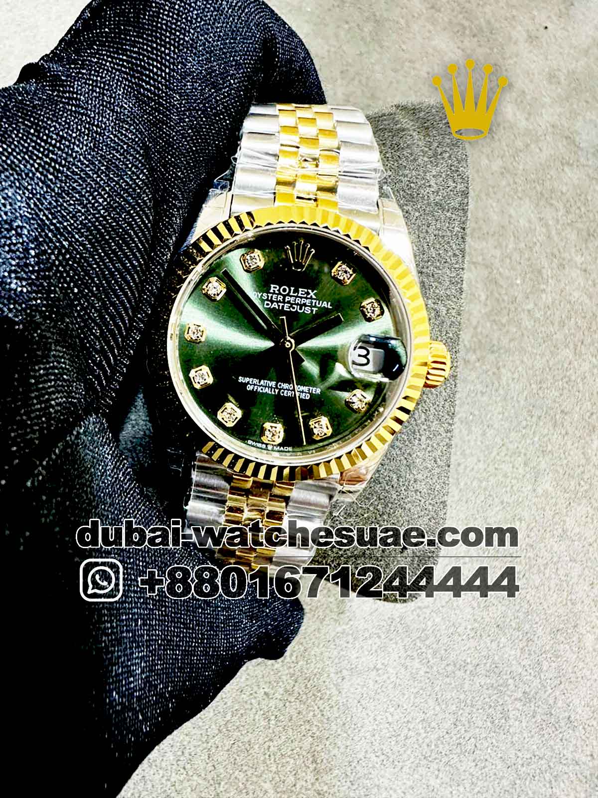 Copy Rolex 31 mm date just Olive Dial Stone Numeric with Two Tone Jubilee  Bracelet